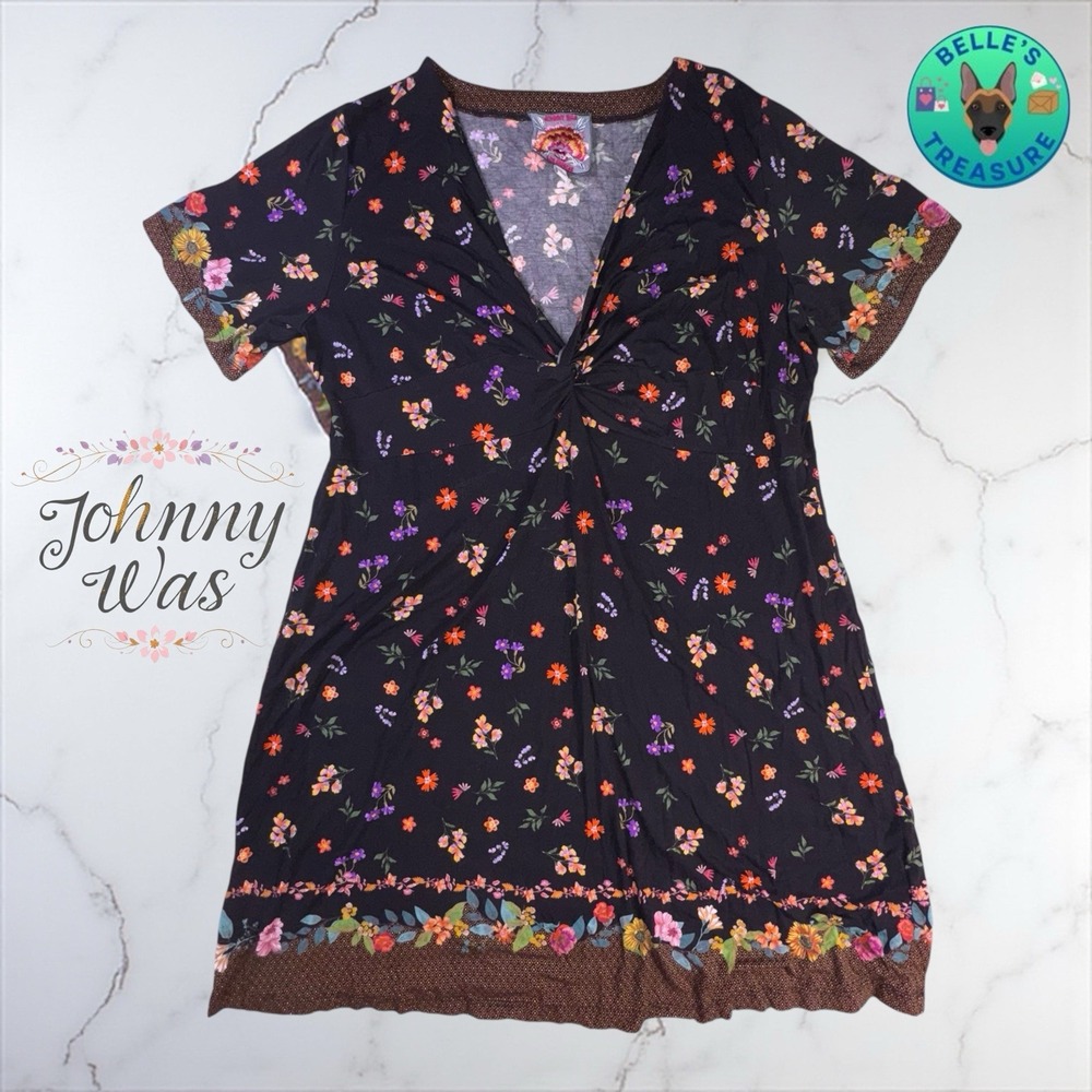 Johnny Was Swing Dress Womens XL Black Floral Viscose Nani Twist Front Boho Chic